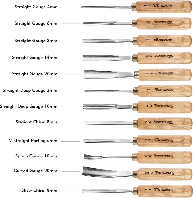 IMOTECHOM 12-Pieces Woodworking Wood Carving Tools Chisel Set with Canvas Bag, Razor Sharp CR-V 60 Steel Blades - Image 2